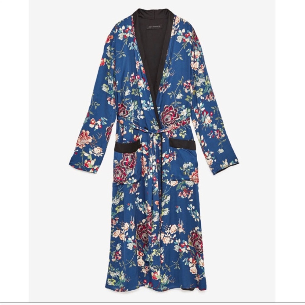 NWT Zara Blue Long Floral Satin Kimono Robe Dress - Picture 6 of 8
